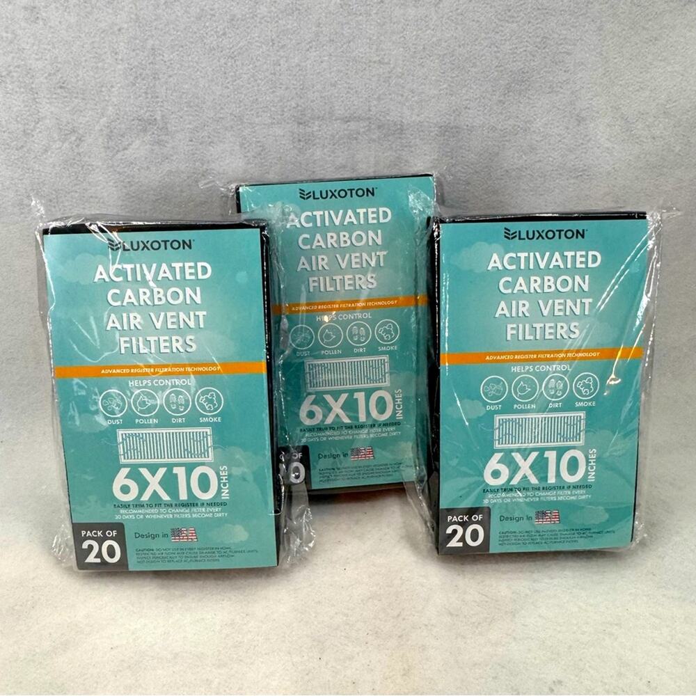3 pks - 20 Luxoton Activated Carbon Air Vent Filters NEW 6”x10” 60 Filters Total